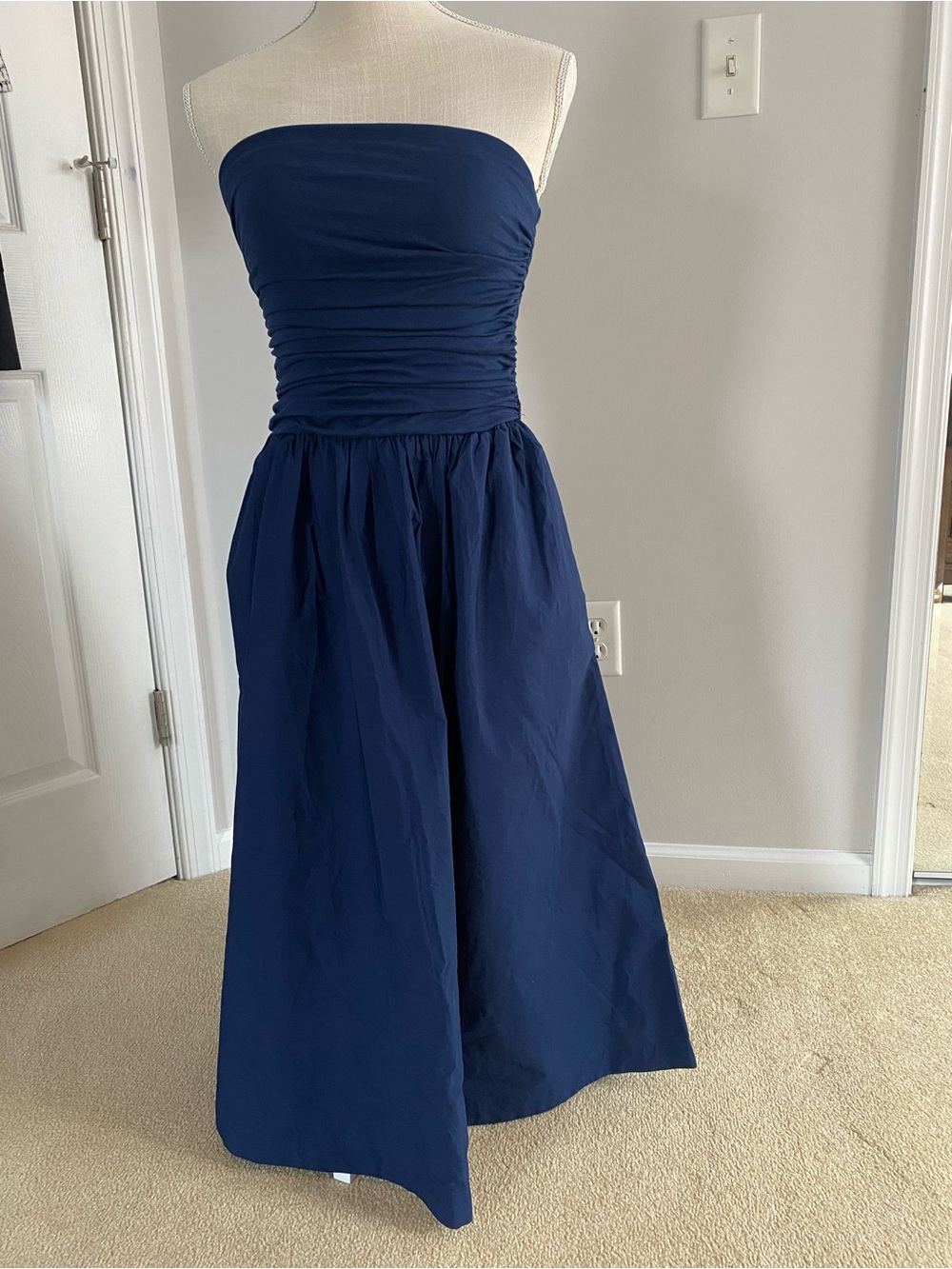 LOFT Strapless Navy Gathered Bodice Midi Dress